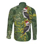 Aussie Kokaburra Golden Wattle Christmas Long Sleeve Button Shirt Aboriginal Dots Painting Green Motif - Aussie Hoodie