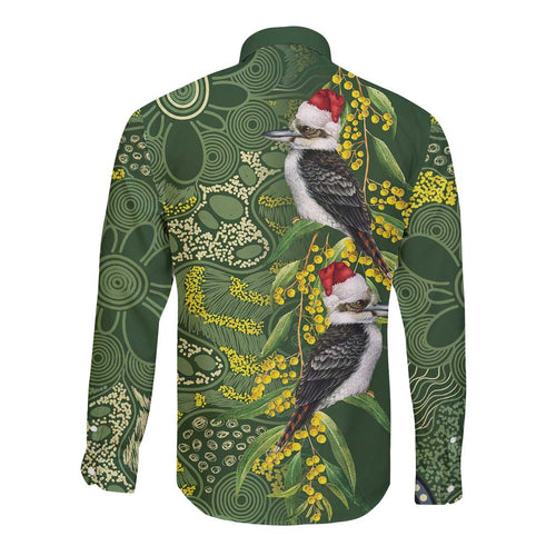 Aussie Kokaburra Golden Wattle Christmas Long Sleeve Button Shirt Aboriginal Dots Painting Green Motif - Aussie Hoodie
