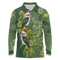 Aussie Kokaburra Golden Wattle Christmas Long Sleeve Polo Shirt Aboriginal Dots Painting Green Motif - Aussie Hoodie