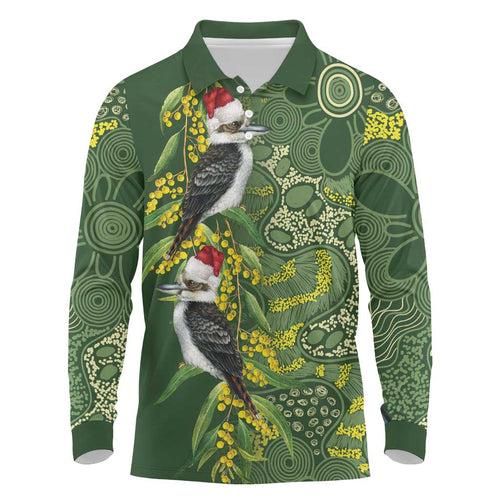 Aussie Kokaburra Golden Wattle Christmas Long Sleeve Polo Shirt Aboriginal Dots Painting Green Motif - Aussie Hoodie