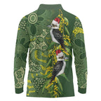 Aussie Kokaburra Golden Wattle Christmas Long Sleeve Polo Shirt Aboriginal Dots Painting Green Motif - Aussie Hoodie