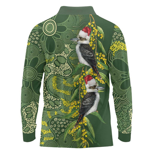 Aussie Kokaburra Golden Wattle Christmas Long Sleeve Polo Shirt Aboriginal Dots Painting Green Motif - Aussie Hoodie