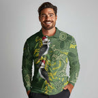Aussie Kokaburra Golden Wattle Christmas Long Sleeve Polo Shirt Aboriginal Dots Painting Green Motif - Aussie Hoodie