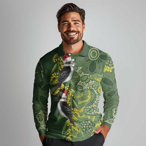 Aussie Kokaburra Golden Wattle Christmas Long Sleeve Polo Shirt Aboriginal Dots Painting Green Motif - Aussie Hoodie