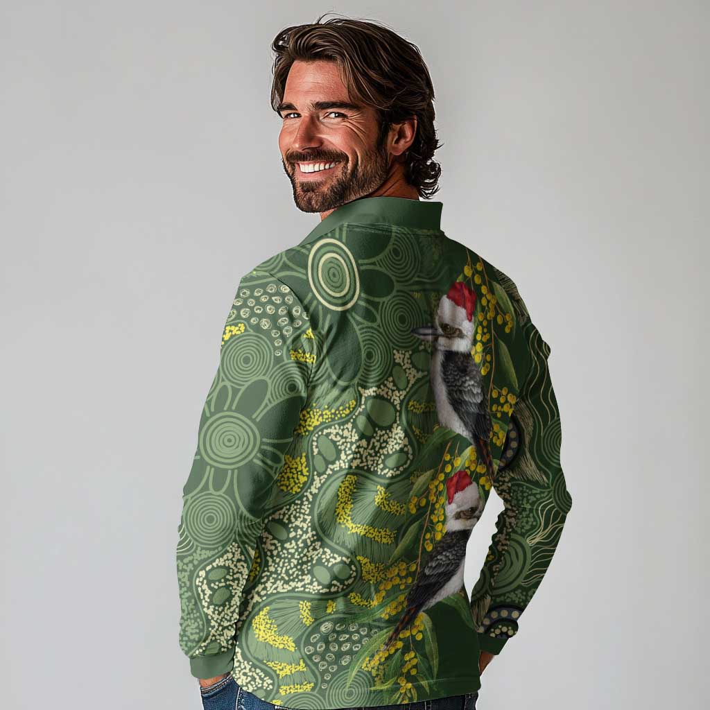 Aussie Kokaburra Golden Wattle Christmas Long Sleeve Polo Shirt Aboriginal Dots Painting Green Motif - Aussie Hoodie