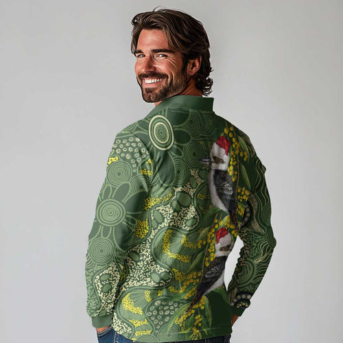Aussie Kokaburra Golden Wattle Christmas Long Sleeve Polo Shirt Aboriginal Dots Painting Green Motif - Aussie Hoodie