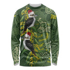 Aussie Kokaburra Golden Wattle Christmas Long Sleeve Shirt Aboriginal Dots Painting Green Motif - Aussie Hoodie
