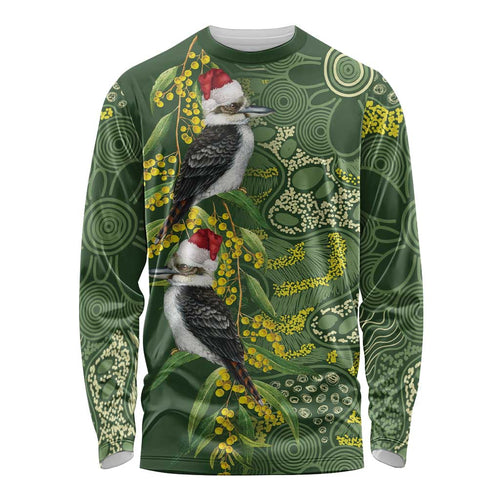 Aussie Kokaburra Golden Wattle Christmas Long Sleeve Shirt Aboriginal Dots Painting Green Motif - Aussie Hoodie
