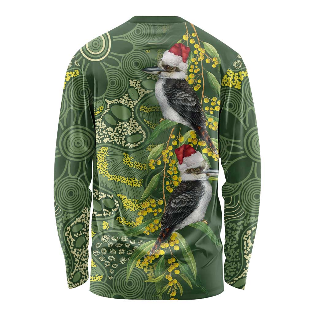 Aussie Kokaburra Golden Wattle Christmas Long Sleeve Shirt Aboriginal Dots Painting Green Motif - Aussie Hoodie