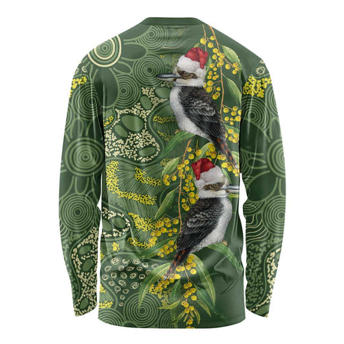Aussie Kokaburra Golden Wattle Christmas Long Sleeve Shirt Aboriginal Dots Painting Green Motif - Aussie Hoodie