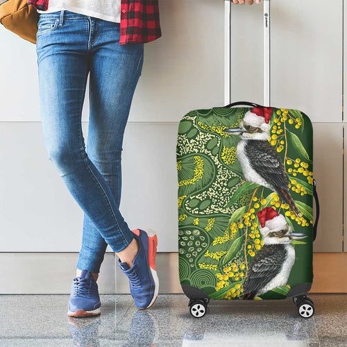 Aussie Kokaburra Golden Wattle Christmas Luggage Cover Aboriginal Dots Painting Green Motif - Aussie Hoodie