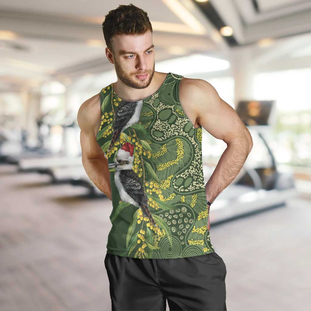 Aussie Kokaburra Golden Wattle Christmas Men Tank Top Aboriginal Dots Painting Green Motif - Aussie Hoodie