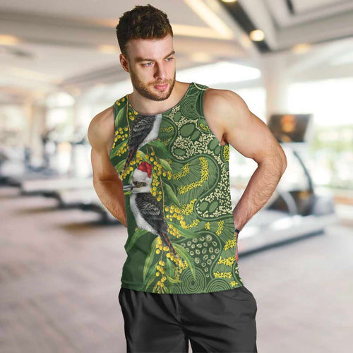 Aussie Kokaburra Golden Wattle Christmas Men Tank Top Aboriginal Dots Painting Green Motif - Aussie Hoodie