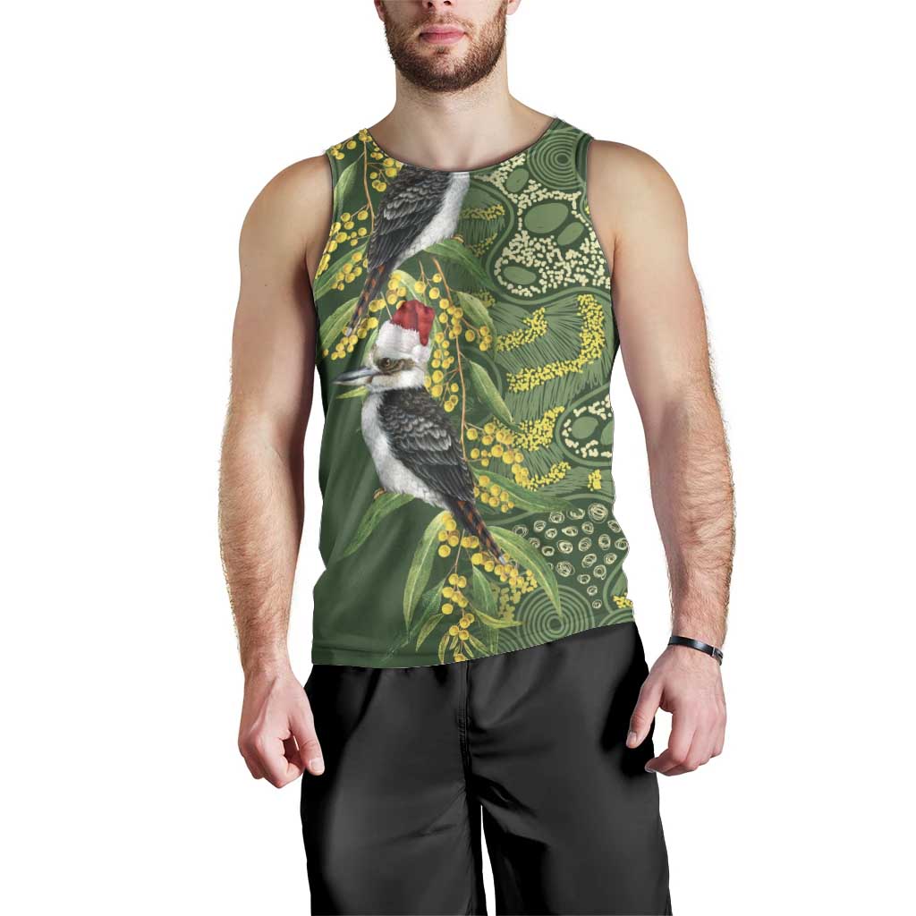 Aussie Kokaburra Golden Wattle Christmas Men Tank Top Aboriginal Dots Painting Green Motif - Aussie Hoodie