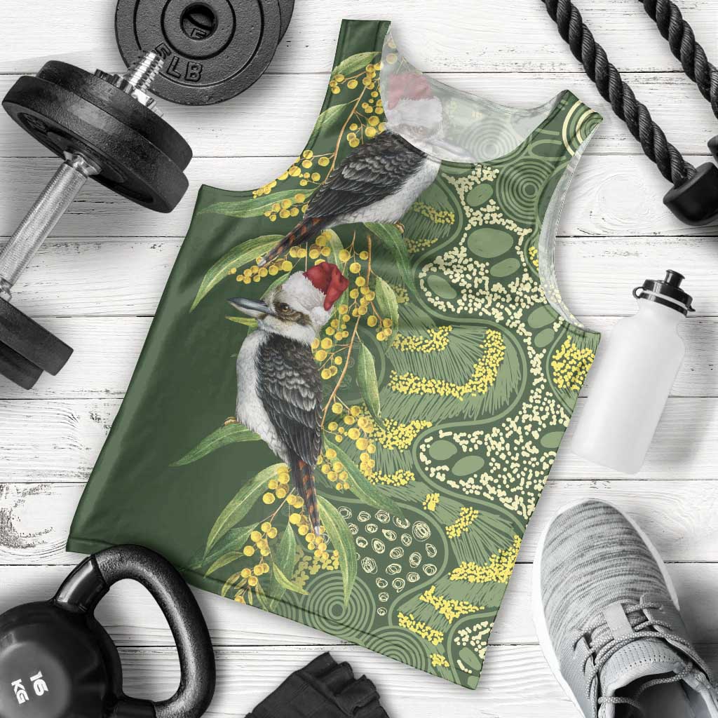 Aussie Kokaburra Golden Wattle Christmas Men Tank Top Aboriginal Dots Painting Green Motif - Aussie Hoodie