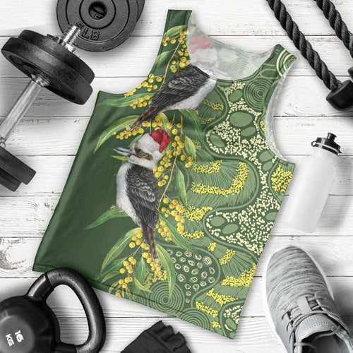 Aussie Kokaburra Golden Wattle Christmas Men Tank Top Aboriginal Dots Painting Green Motif - Aussie Hoodie