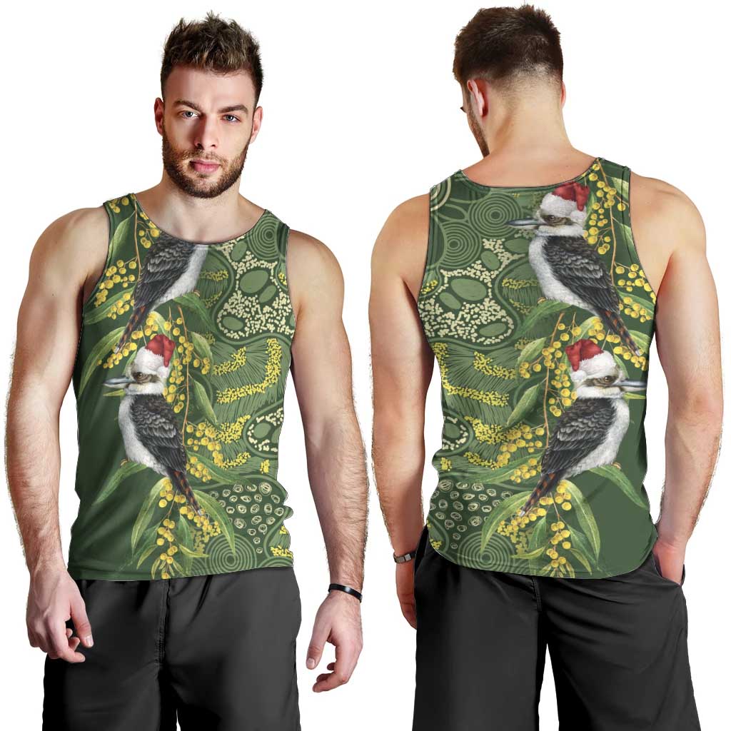 Aussie Kokaburra Golden Wattle Christmas Men Tank Top Aboriginal Dots Painting Green Motif - Aussie Hoodie