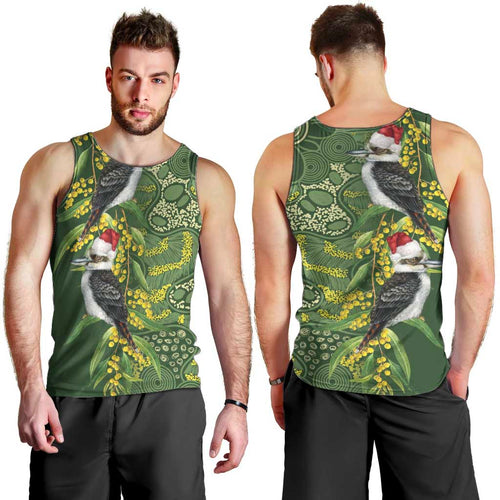 Aussie Kokaburra Golden Wattle Christmas Men Tank Top Aboriginal Dots Painting Green Motif - Aussie Hoodie