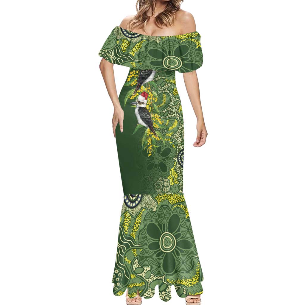Aussie Kokaburra Golden Wattle Christmas Mermaid Dress Aboriginal Dots Painting Green Motif - Aussie Hoodie