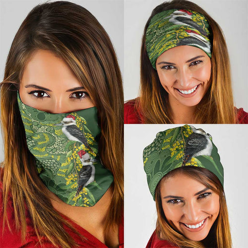 Aussie Kokaburra Golden Wattle Christmas Neck Gaiter Aboriginal Dots Painting Green Motif - Aussie Hoodie