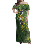 Aussie Kokaburra Golden Wattle Christmas Off Shoulder Maxi Dress Aboriginal Dots Painting Green Motif - Aussie Hoodie