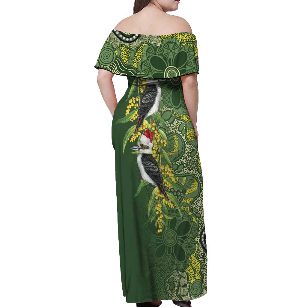 Aussie Kokaburra Golden Wattle Christmas Off Shoulder Maxi Dress Aboriginal Dots Painting Green Motif - Aussie Hoodie