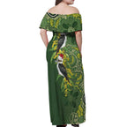 Aussie Kokaburra Golden Wattle Christmas Off Shoulder Maxi Dress Aboriginal Dots Painting Green Motif - Aussie Hoodie