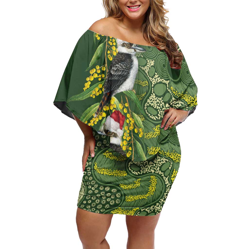 Aussie Kokaburra Golden Wattle Christmas Off Shoulder Short Dress Aboriginal Dots Painting Green Motif - Aussie Hoodie
