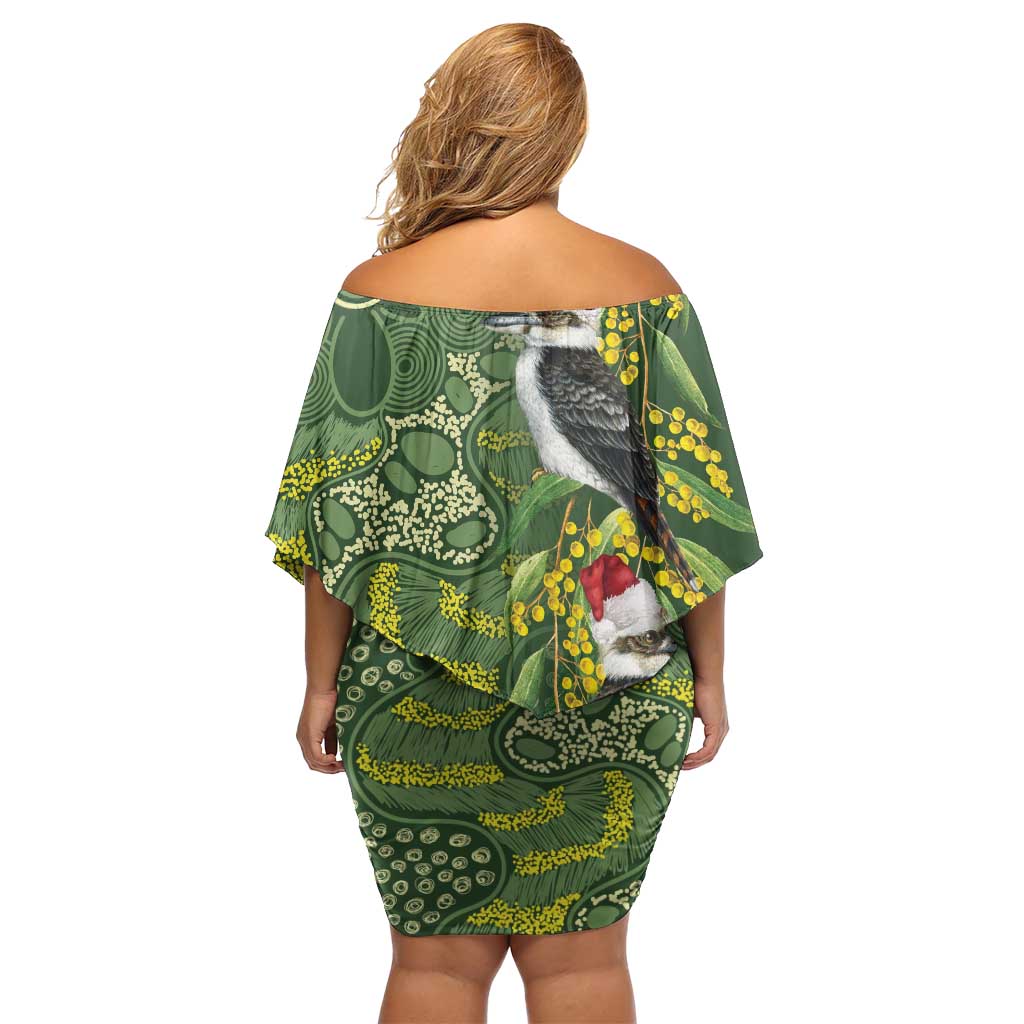 Aussie Kokaburra Golden Wattle Christmas Off Shoulder Short Dress Aboriginal Dots Painting Green Motif - Aussie Hoodie