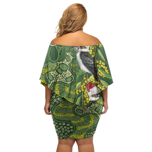 Aussie Kokaburra Golden Wattle Christmas Off Shoulder Short Dress Aboriginal Dots Painting Green Motif - Aussie Hoodie