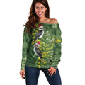 Aussie Kokaburra Golden Wattle Christmas Off Shoulder Sweater Aboriginal Dots Painting Green Motif - Aussie Hoodie