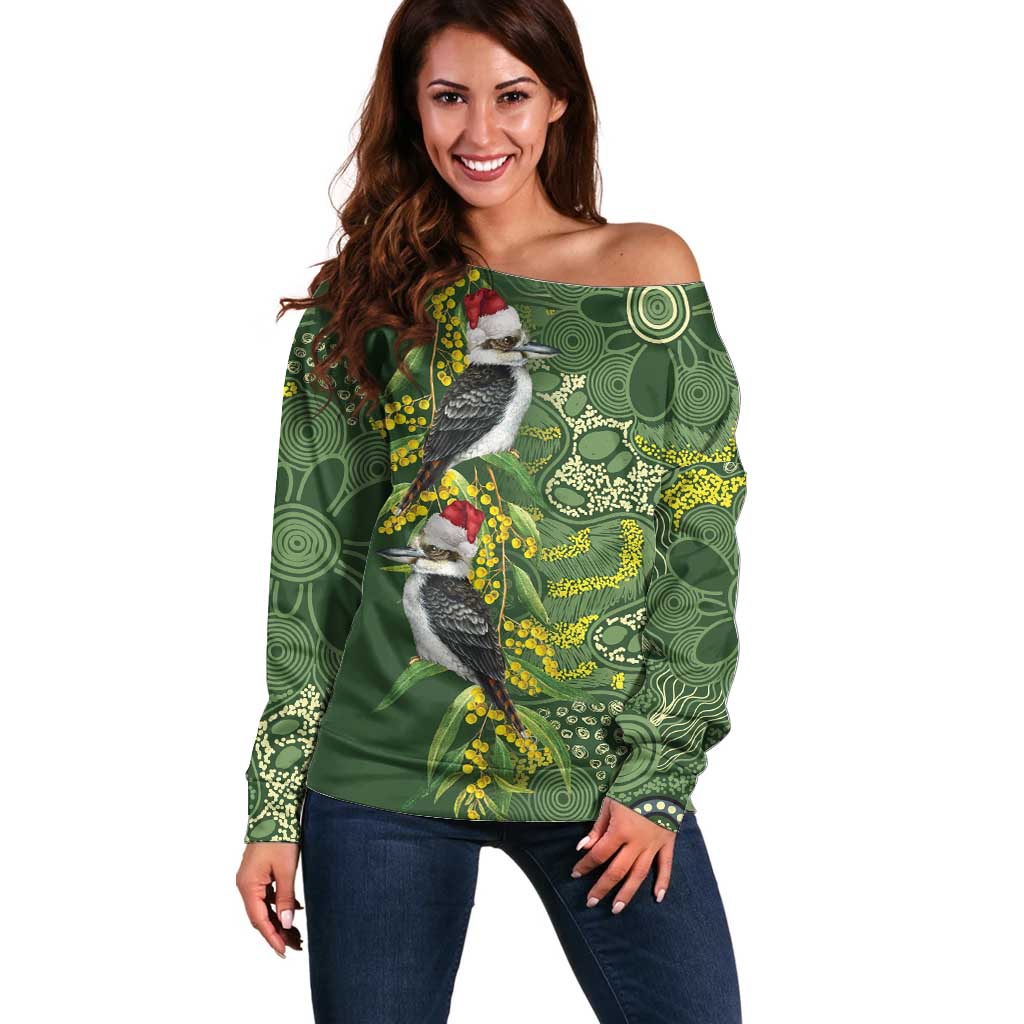 Aussie Kokaburra Golden Wattle Christmas Off Shoulder Sweater Aboriginal Dots Painting Green Motif - Aussie Hoodie