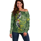 Aussie Kokaburra Golden Wattle Christmas Off Shoulder Sweater Aboriginal Dots Painting Green Motif - Aussie Hoodie