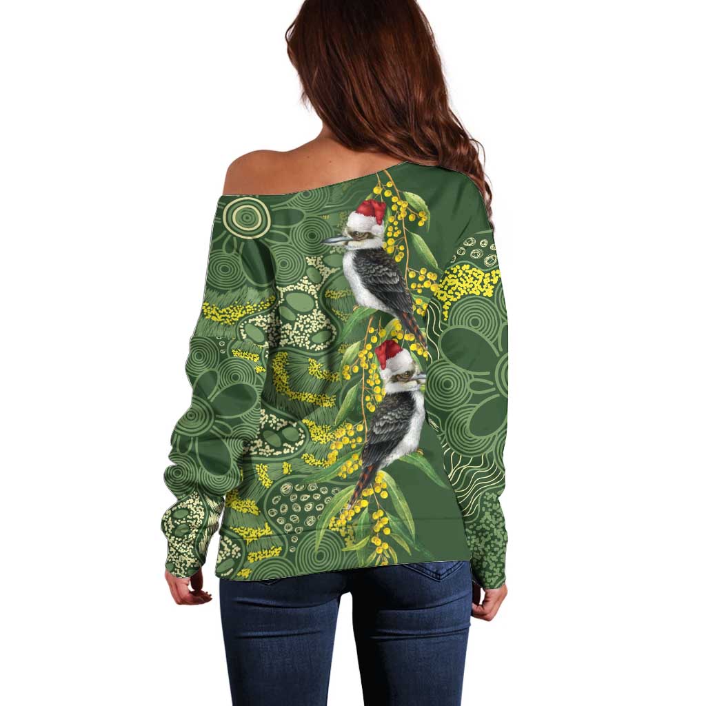 Aussie Kokaburra Golden Wattle Christmas Off Shoulder Sweater Aboriginal Dots Painting Green Motif - Aussie Hoodie