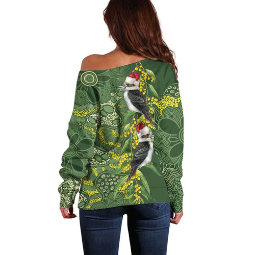 Aussie Kokaburra Golden Wattle Christmas Off Shoulder Sweater Aboriginal Dots Painting Green Motif - Aussie Hoodie