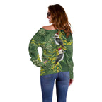 Aussie Kokaburra Golden Wattle Christmas Off Shoulder Sweater Aboriginal Dots Painting Green Motif - Aussie Hoodie