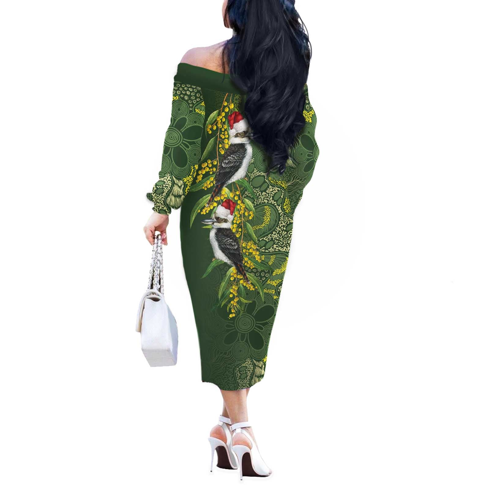 Aussie Kokaburra Golden Wattle Christmas Off The Shoulder Long Sleeve Dress Aboriginal Dots Painting Green Motif - Aussie Hoodie