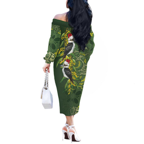 Aussie Kokaburra Golden Wattle Christmas Off The Shoulder Long Sleeve Dress Aboriginal Dots Painting Green Motif - Aussie Hoodie