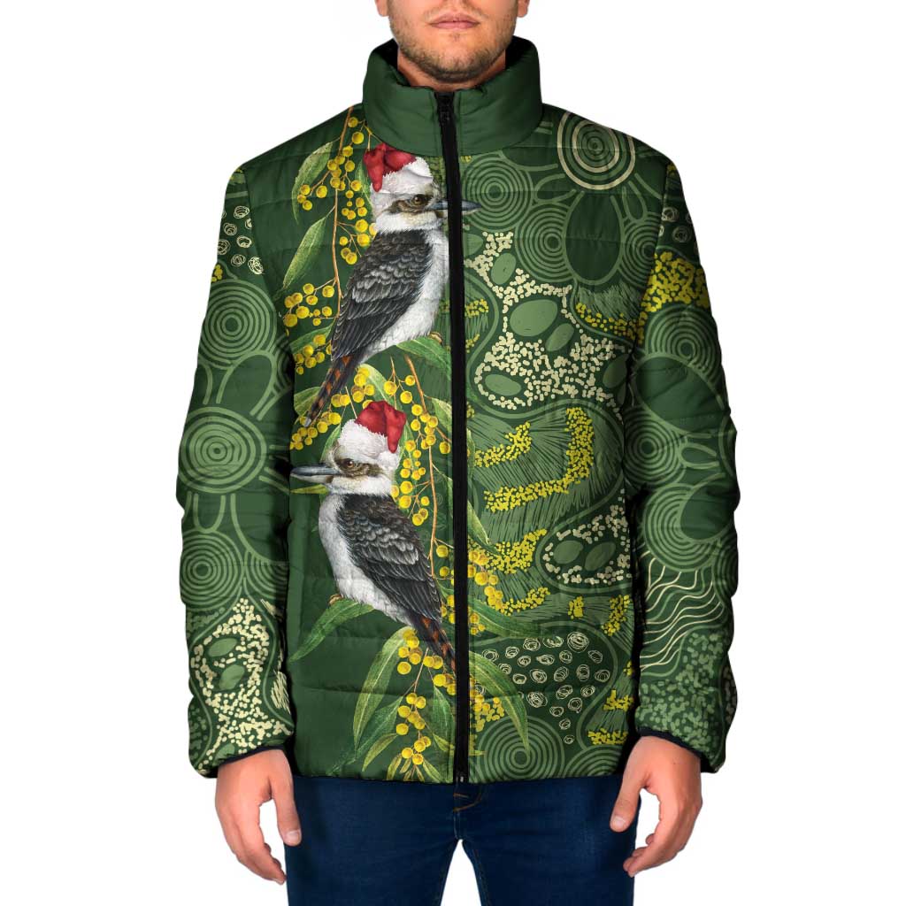 Aussie Kokaburra Golden Wattle Christmas Padded Jacket Aboriginal Dots Painting Green Motif - Aussie Hoodie