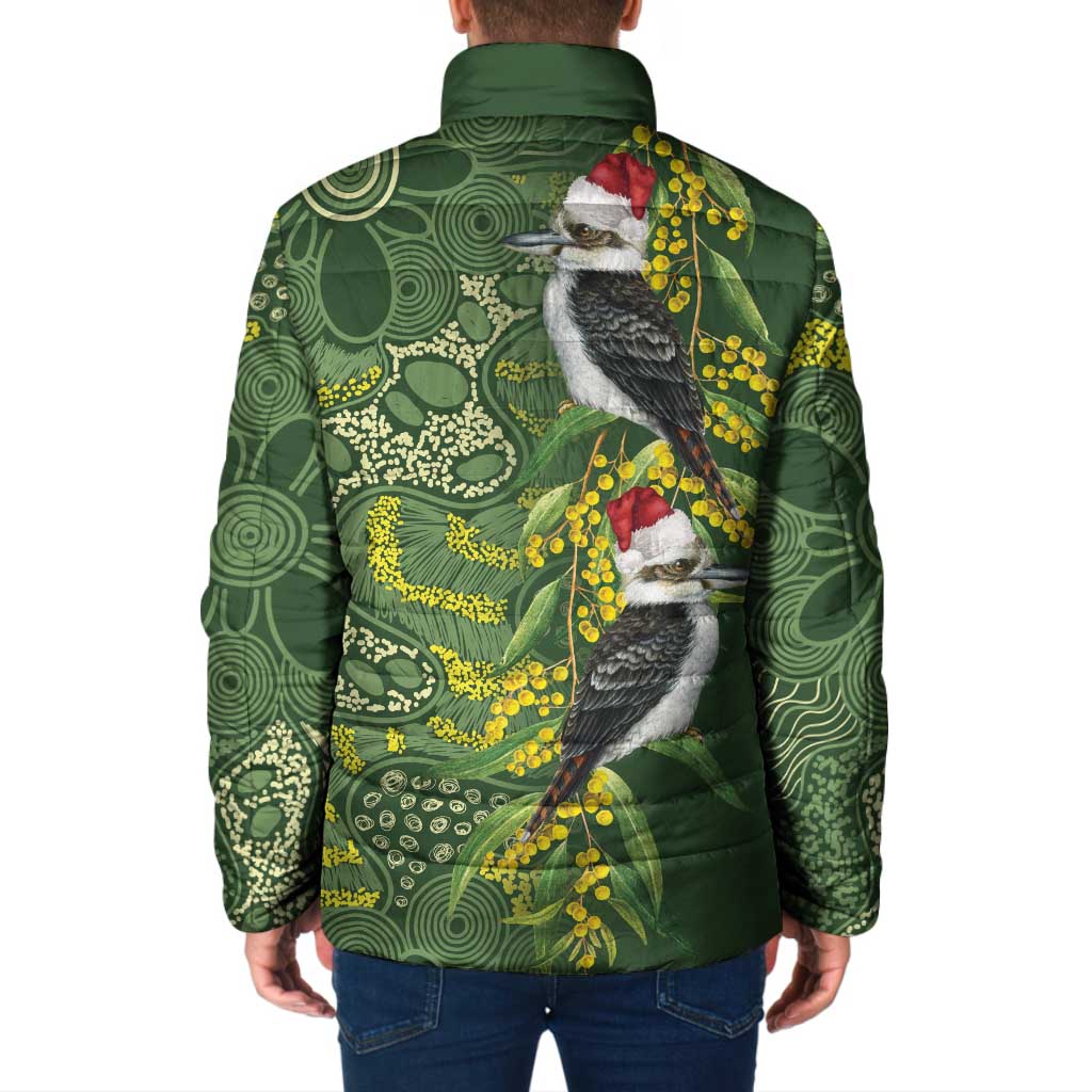 Aussie Kokaburra Golden Wattle Christmas Padded Jacket Aboriginal Dots Painting Green Motif - Aussie Hoodie