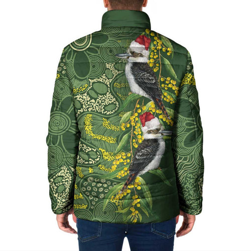 Aussie Kokaburra Golden Wattle Christmas Padded Jacket Aboriginal Dots Painting Green Motif - Aussie Hoodie