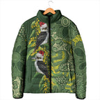 Aussie Kokaburra Golden Wattle Christmas Padded Jacket Aboriginal Dots Painting Green Motif - Aussie Hoodie