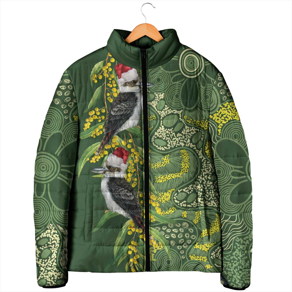 Aussie Kokaburra Golden Wattle Christmas Padded Jacket Aboriginal Dots Painting Green Motif - Aussie Hoodie