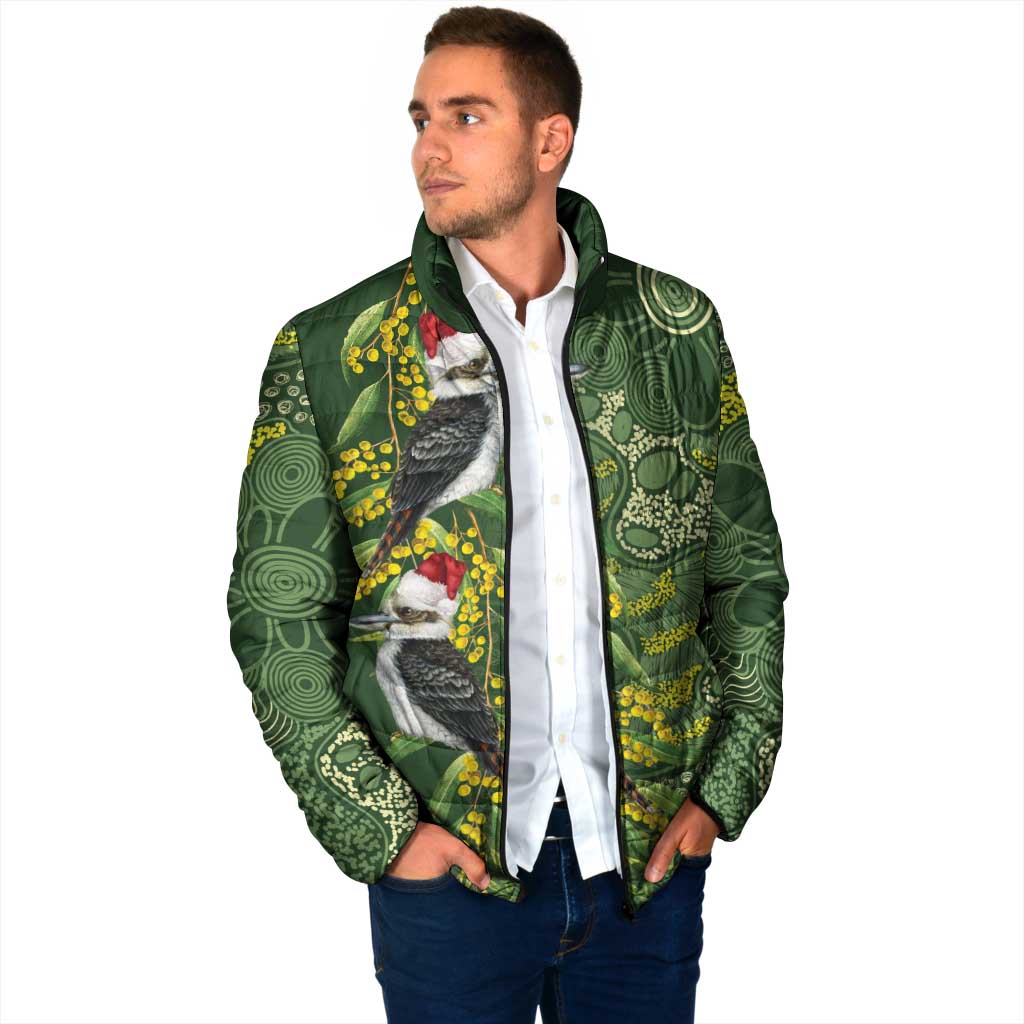 Aussie Kokaburra Golden Wattle Christmas Padded Jacket Aboriginal Dots Painting Green Motif - Aussie Hoodie