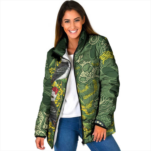 Aussie Kokaburra Golden Wattle Christmas Padded Jacket Aboriginal Dots Painting Green Motif - Aussie Hoodie