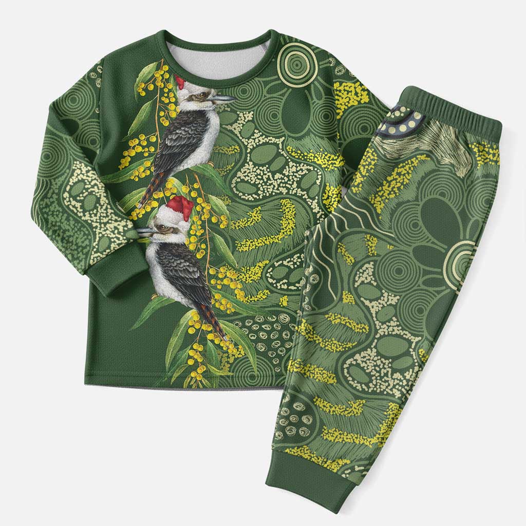 Aussie Kokaburra Golden Wattle Christmas Pajama Set Aboriginal Dots Painting Green Motif - Aussie Hoodie