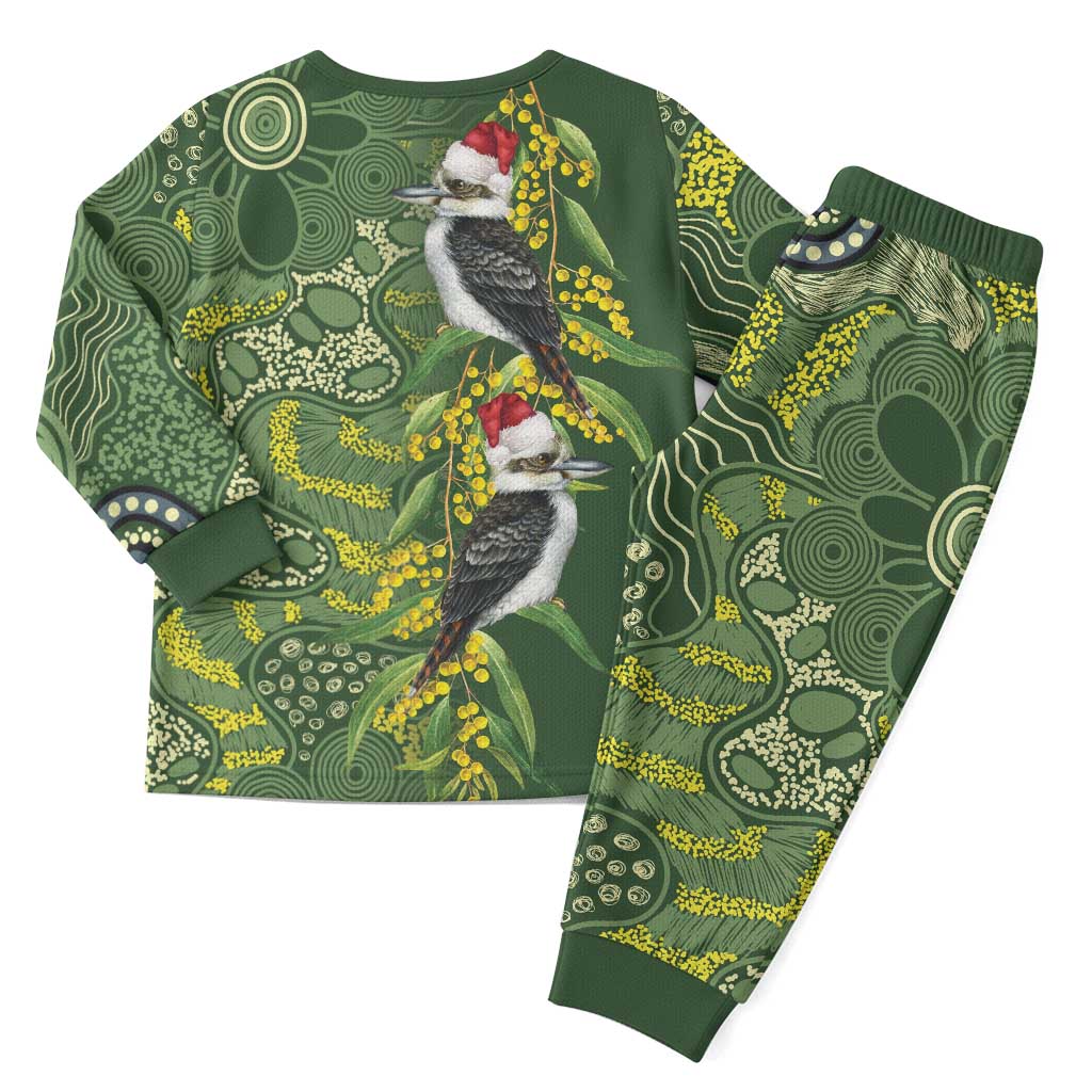 Aussie Kokaburra Golden Wattle Christmas Pajama Set Aboriginal Dots Painting Green Motif - Aussie Hoodie