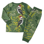 Aussie Kokaburra Golden Wattle Christmas Pajama Set Aboriginal Dots Painting Green Motif - Aussie Hoodie