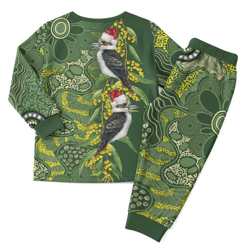 Aussie Kokaburra Golden Wattle Christmas Pajama Set Aboriginal Dots Painting Green Motif - Aussie Hoodie