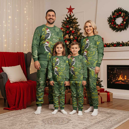 Aussie Kokaburra Golden Wattle Christmas Pajama Set Aboriginal Dots Painting Green Motif - Aussie Hoodie